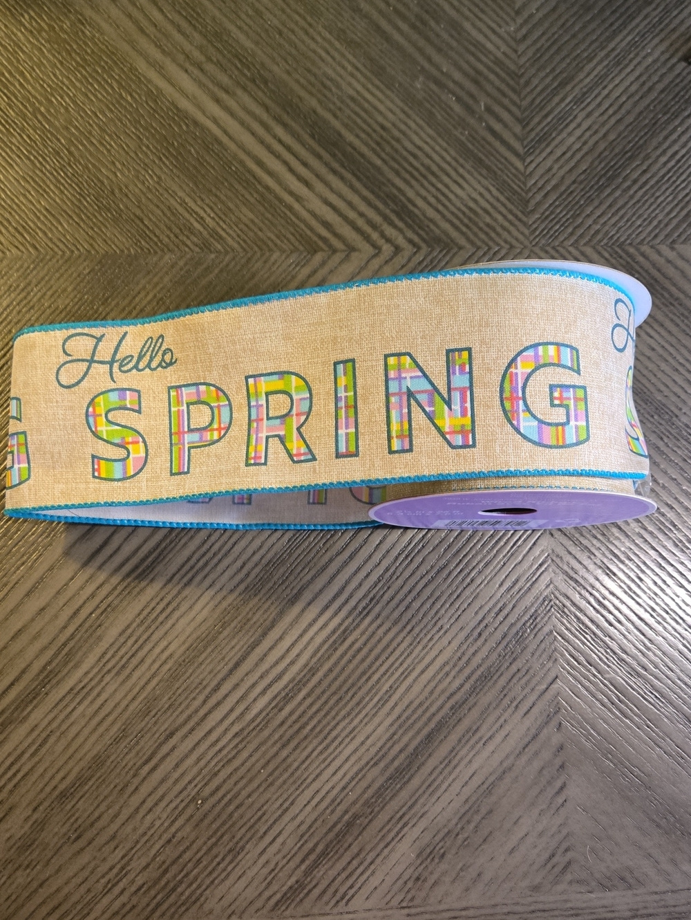 Hello Spring Decorative Ribbon - Multicolor Plaid Letters with Teal Edge